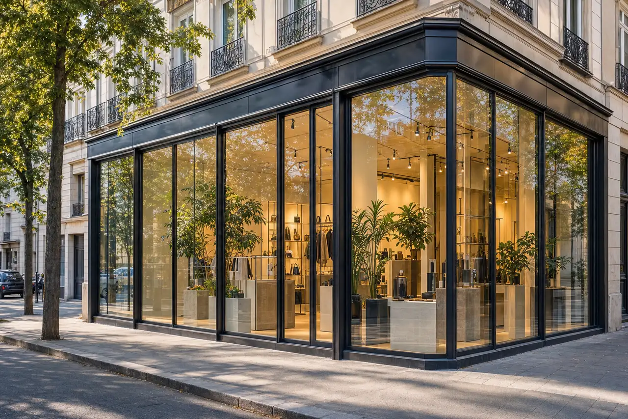 Grande vitrine de commerce neuve posée sur une devanture à Vitry-sur-Seine